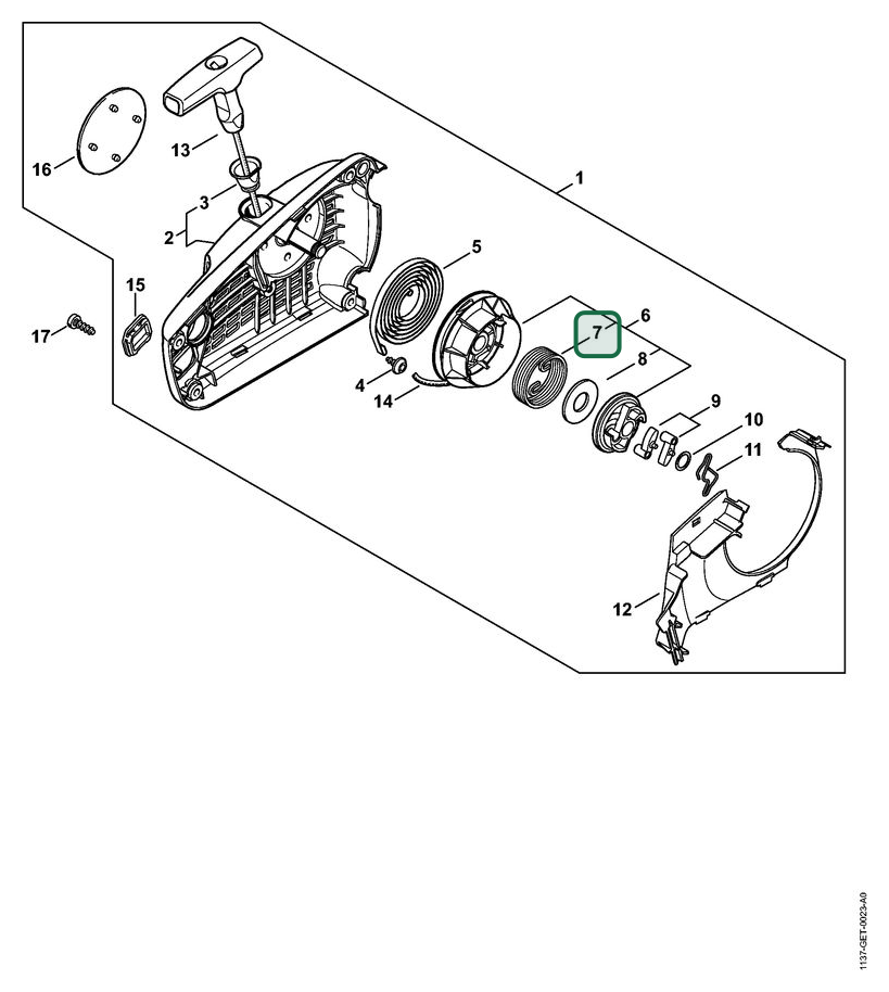 Schema tecnico STIHL MS 194 C-E, MS 194 TC-E, ricambio 11371953501 evidenziato in posizione 7