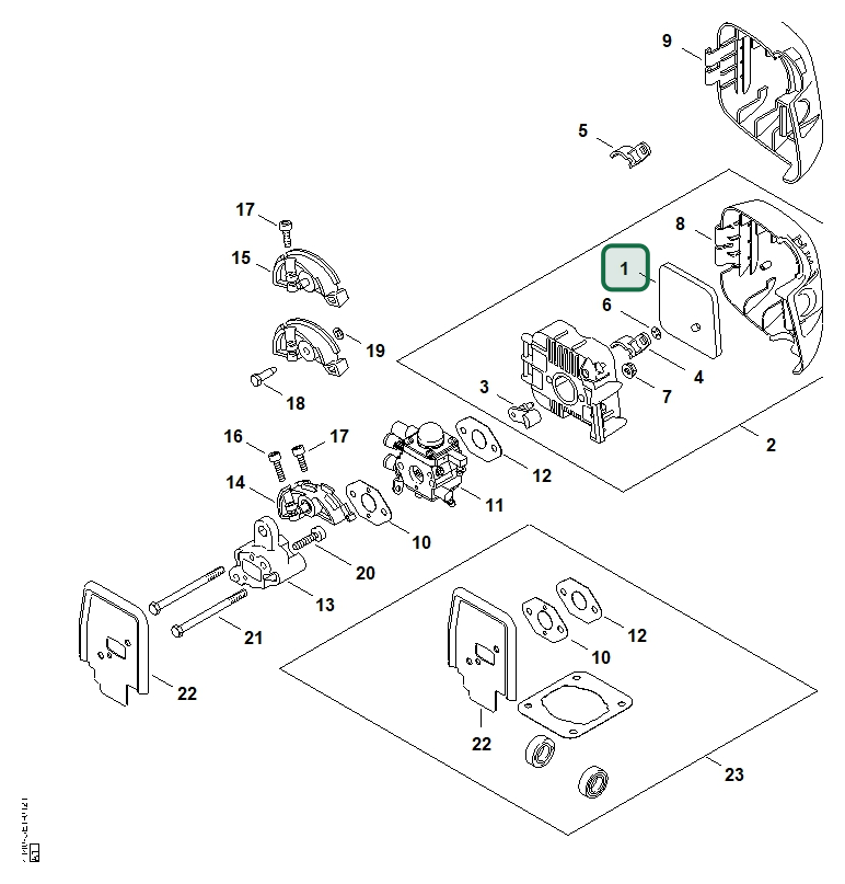 Schema tecnico STIHL FS 45, FS 55 R, FS 38, FS 55 RC-E, ricambio 41401242800 evidenziato in posizione 1