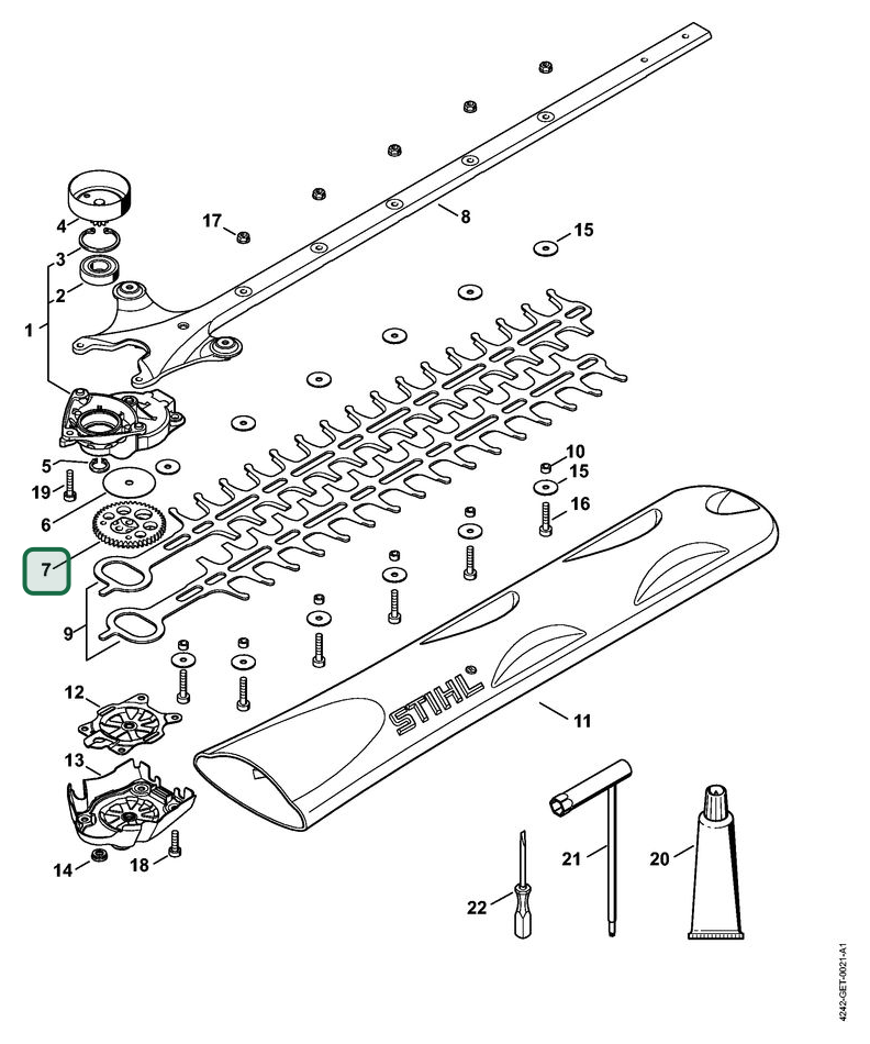 Schema tecnico STIHL HS 46, ricambio 42426407501 evidenziato in posizione 7