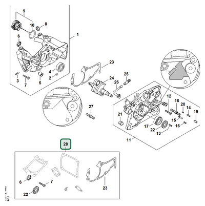 Schema tecnico STIHL MS 500i-W, MS 500i, ricambio 11470071600 evidenziato in posizione 28