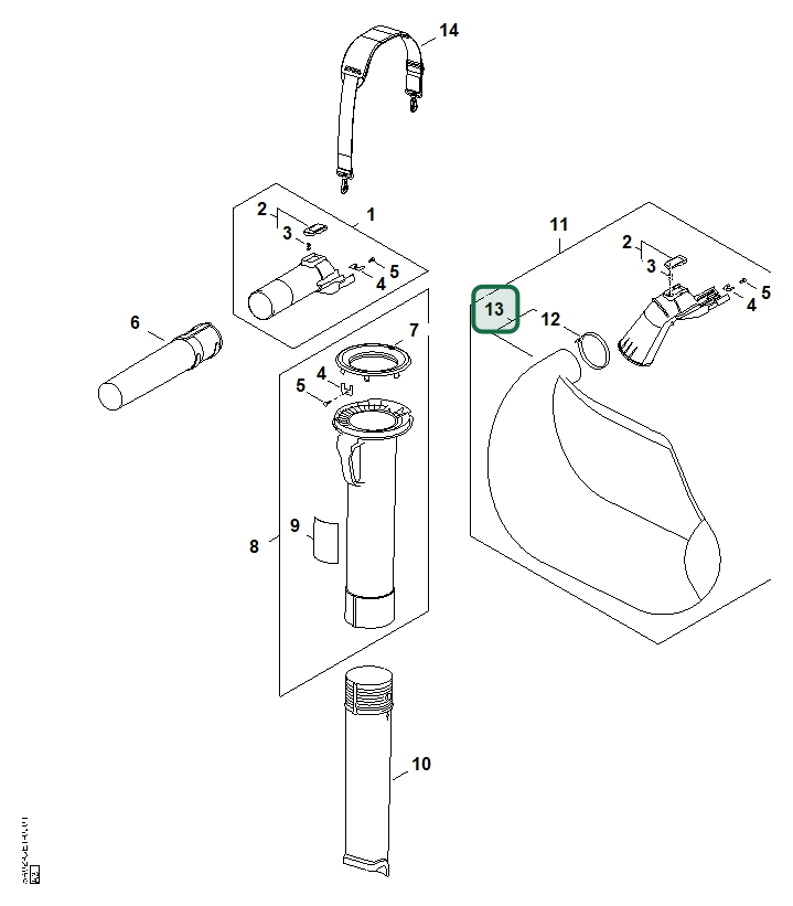 Schema tecnico STIHL SHA 56, ricambio SA027009703 evidenziato in posizione 13