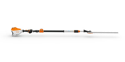 Tagliasiepi a batteria Stihl HLA 150 B visto di lato, con barra di taglio in posizione orizzontale.