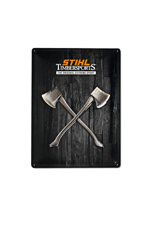 Targa in metallo per Timbersports, vista frontale con design di alta qualità e quattro fori per fissaggio a parete