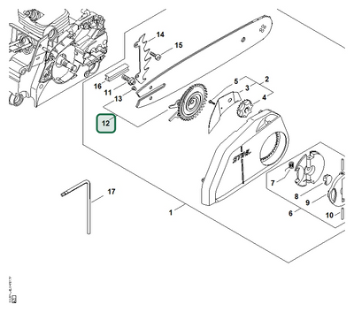Schema tecnico STIHL 018 C, MS 170 C-E D, MS 170 2-MIX, MS 170-D, 017 C, MS 180 C-B, MS 170, 017, 018, MS 180 C-BE, ricambio 11236603001 evidenziato in posizione 12