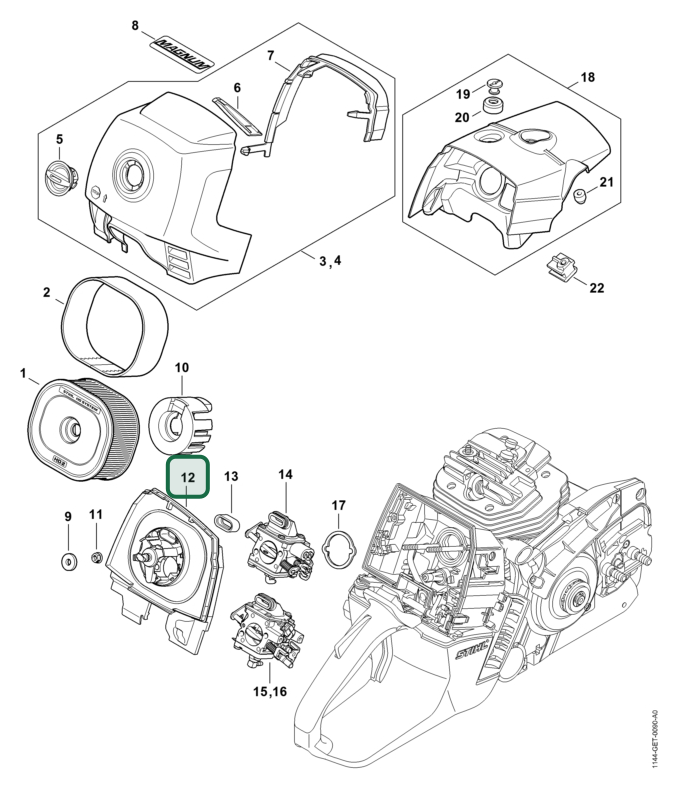 Schema tecnico STIHL MS 661 C-M W, MS 661 C-M, ricambio 11441401200 evidenziato in posizione 12