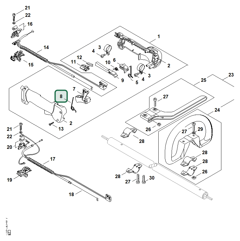 Schema tecnico STIHL FS 250 R, FS 120 R, FS 120 R 2-MIX, FS 200, FS 200 R, ricambio 41371824504 evidenziato in posizione 8