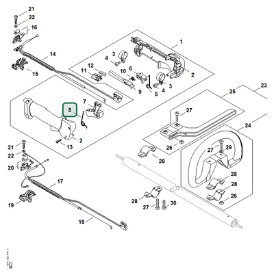 Schema tecnico STIHL FS 250 R, FS 120 R, FS 120 R 2-MIX, FS 200, FS 200 R, ricambio 41371824504 evidenziato in posizione 8