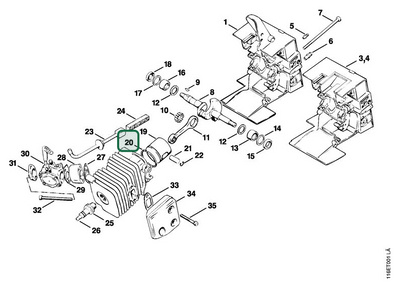 Schema tecnico STIHL 015 LQ, 015 AVE, 015 AV, 015 AVQ, 015 L, ricambio 11140343000 evidenziato in posizione 20