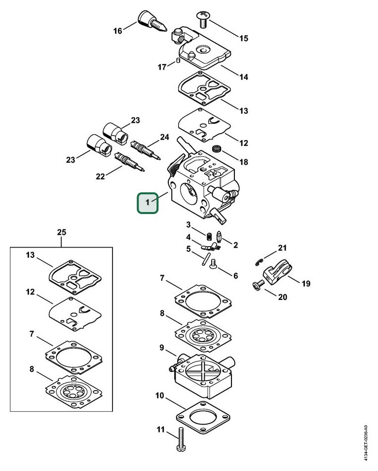 Schema tecnico STIHL FS 120 R 2-MIX, FS 120 2-MIX, ricambio 41341200628 evidenziato in posizione 1
