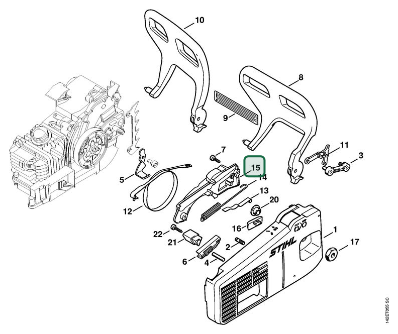 Schema tecnico STIHL 020 (1129), 020 T, ricambio 11296487700 evidenziato in posizione 15