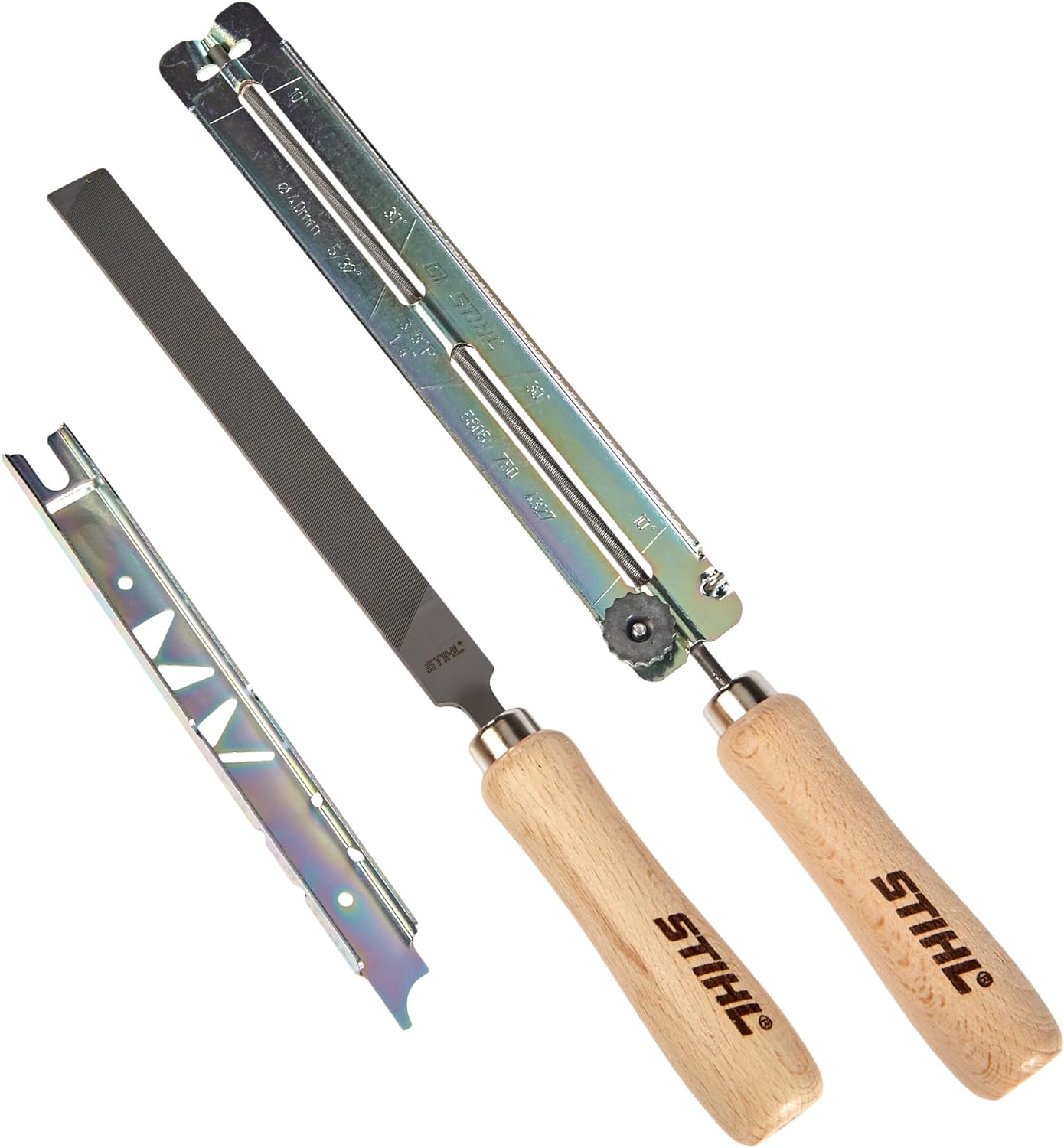 Set di lime per affilatura Stihl, include lime tonde e piatte con manici in legno, ideale per la manutenzione di catene per motoseghe, strumenti di alta qualità per una perfetta affilatura e lunga durata.