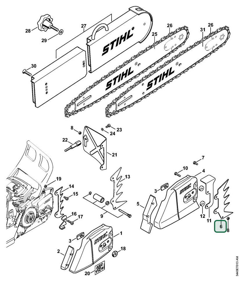 Schema tecnico STIHL MS 461, MS 461-VW, MS 461-R, ricambio 11286640502 evidenziato in posizione 6