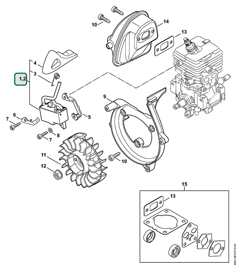 Schema tecnico STIHL BR 200, ricambio 42414001320 evidenziato in posizione 1