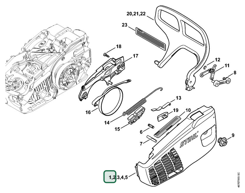 Schema tecnico STIHL MS 193 T, MS 193 TC-E, ricambio 11376401709 evidenziato in posizione 1