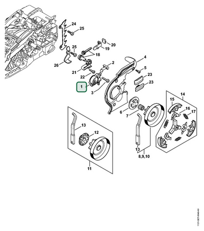 Schema tecnico STIHL MS 194 T, MS 194 C-E, MS 193 C-E, MS 194 TC-E, ricambio 11376403203 evidenziato in posizione 1