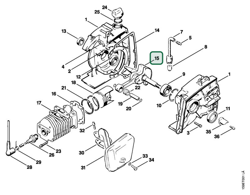 Schema tecnico STIHL 041 FB, ricambio 11100300400 evidenziato in posizione 15