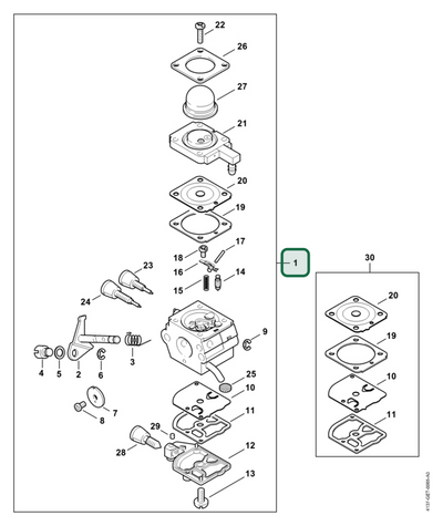 Schema tecnico STIHL FS 85, PC 70, HT 70, FS 75, FR 85, KM 85 R, KW 85, FC 85, FR 85 T, FS 80 R 4137, HT 75, ricambio 41371200636 evidenziato in posizione 1