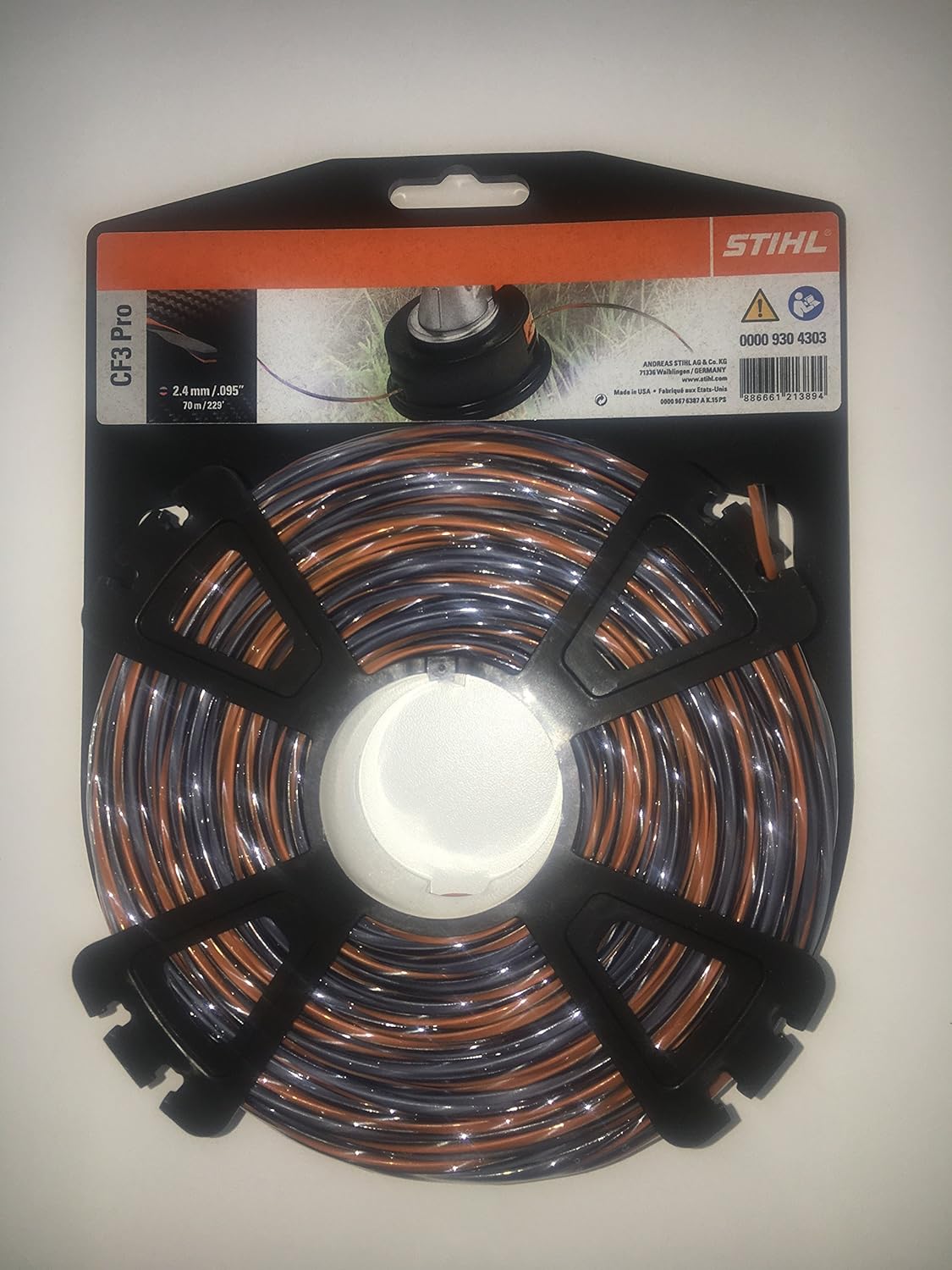 Bobina di filo per decespugliatore STIHL CF3 Pro, diametro 2,4 mm (0,095 pollici), lunghezza 70 metri (229 piedi), confezione nera con dettagli arancioni e grigi, ideale per taglio erba e manutenzione giardino, alta qualità e resistenza.