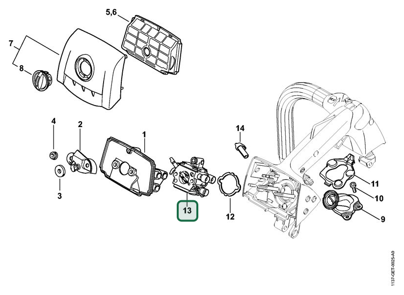 Schema tecnico STIHL MS 194 T, MS 194 TC-E, ricambio 11371200621 evidenziato in posizione 13