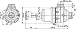 Disegno tecnico di una valvola industriale con misure dettagliate: diametro 65 mm, lunghezza totale 239,5 mm, attacco G1/2, altezza 82 mm, larghezza 58,5 mm. Ideale per applicazioni idrauliche e pneumatiche.