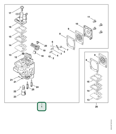 Schema tecnico STIHL HS 56 C-E, HS 46, HS 46 C-E, ricambio 42421200601 evidenziato in posizione 1