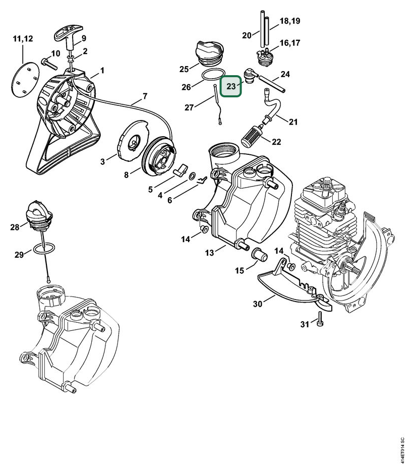 Schema tecnico STIHL SP 90, SP 90 T, ricambio 00003505807 evidenziato in posizione 23