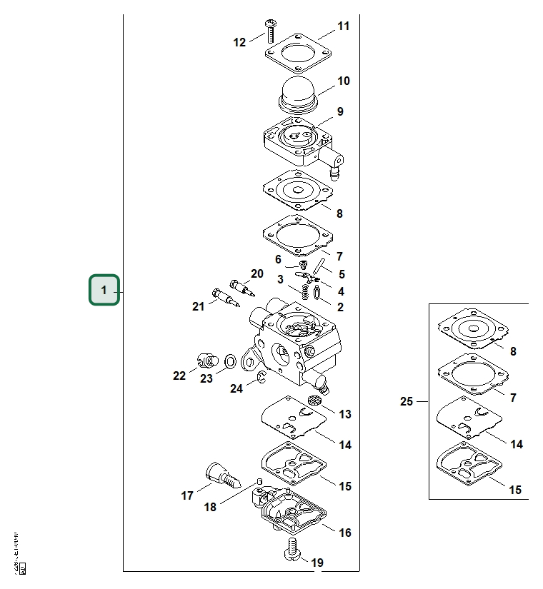 Schema tecnico STIHL HS 45 2-MIX, ricambio 42281200623 evidenziato in posizione 1