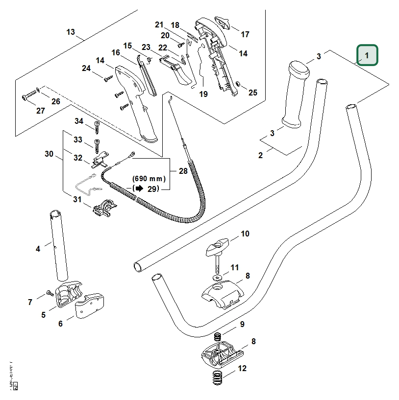 Schema tecnico STIHL FS 450, FS 480, FS 450-L, FS 400, ricambio 41287901701 evidenziato in posizione 1