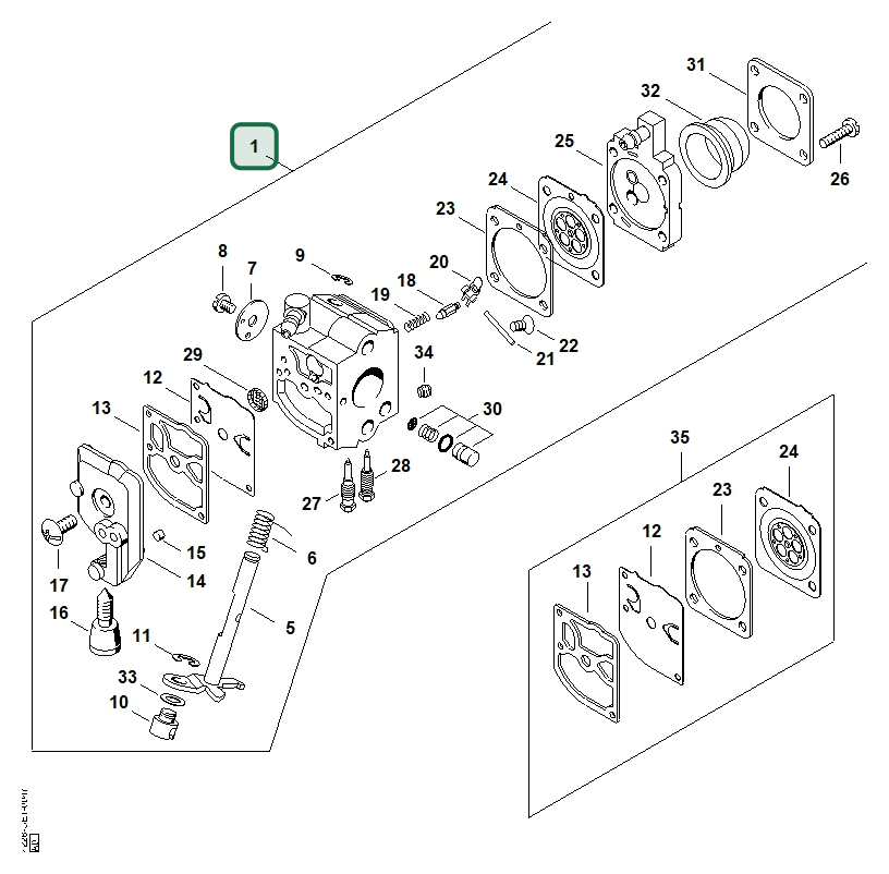 Schema tecnico STIHL HS 45, ricambio 42281200615 evidenziato in posizione 1