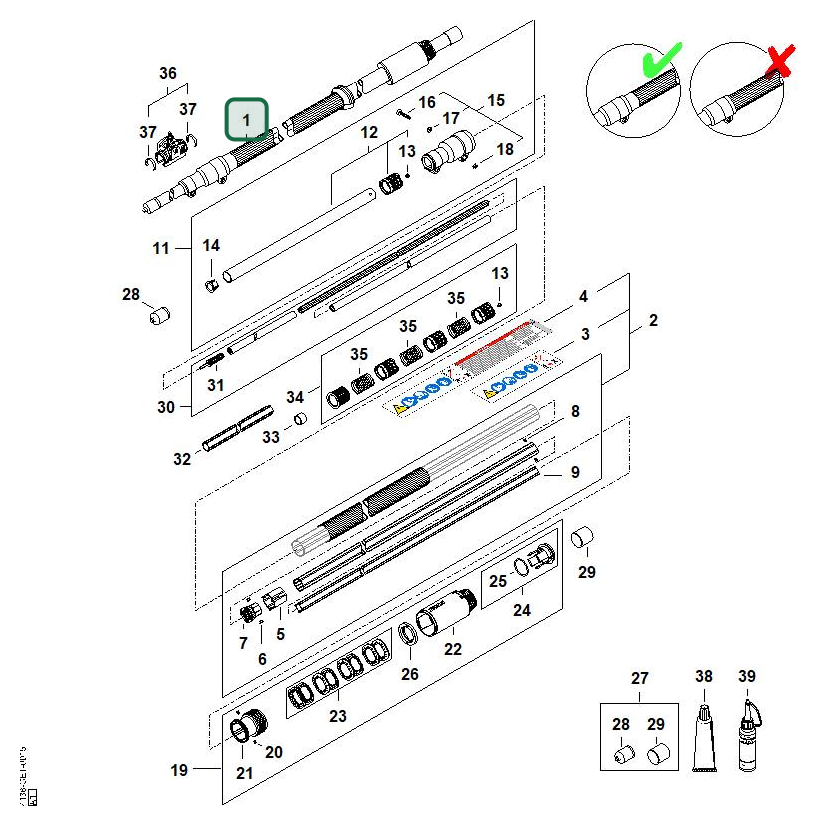 Schema tecnico STIHL HT 135, HT 105, ricambio 41827107176 evidenziato in posizione 1