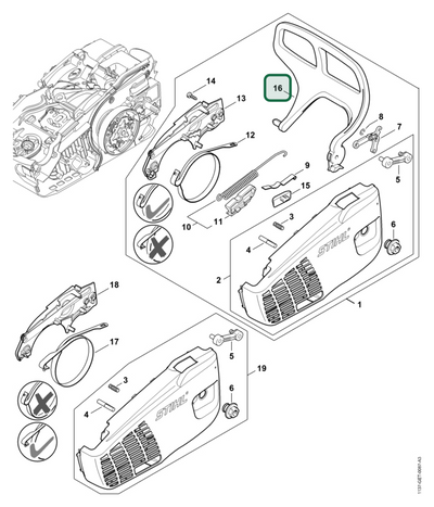 Schema tecnico STIHL MS 194 T, MS 194 TC-E, ricambio 11377929100 evidenziato in posizione 16