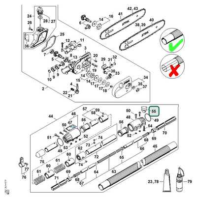 Schema tecnico STIHL HT 131, ricambio 41387161200 evidenziato in posizione 55