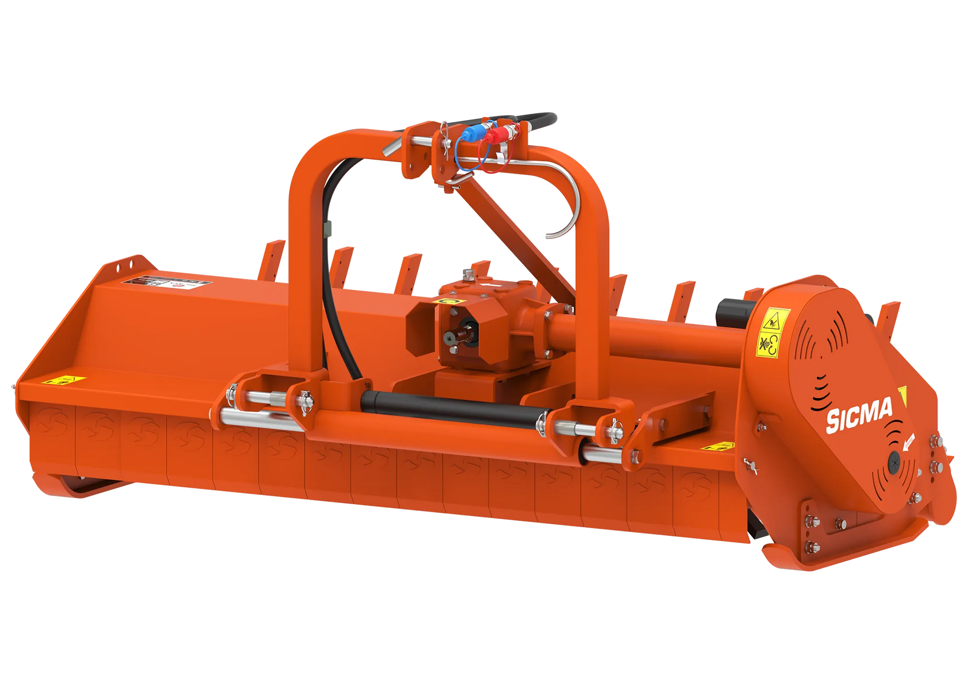 Trinciatrice Sicma SL 155 Spostabile vista frontale, attacco a tre punti per trattore, robusta struttura in acciaio verniciato arancione.