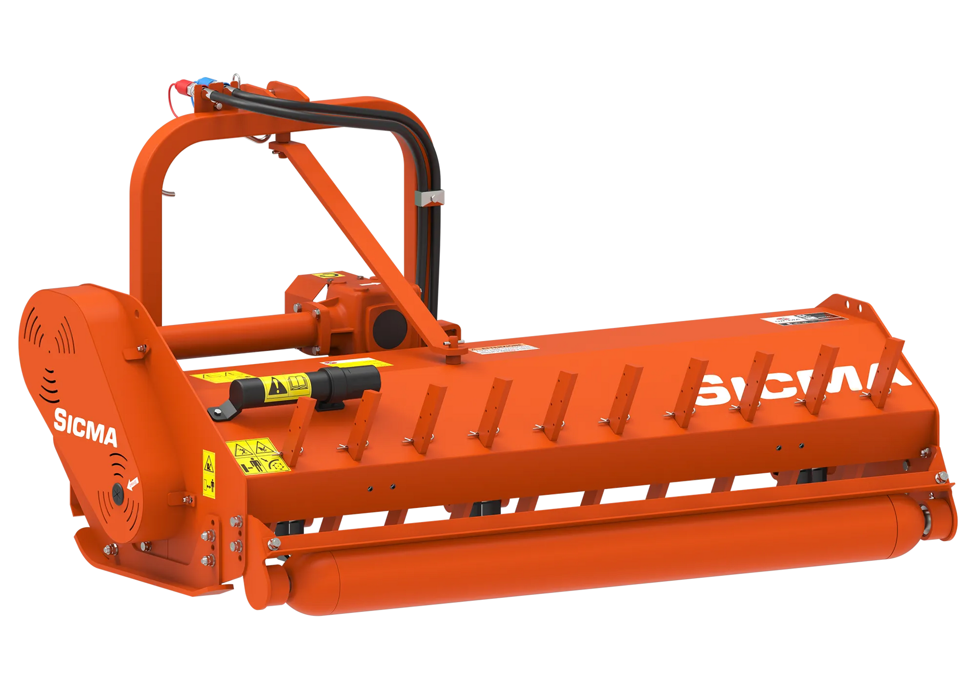 Trinciatrice posteriore per trattore Sicma SL 155 Spostabile vista laterale posteriore, colore arancione, con struttura rinforzata e rullo posteriore.