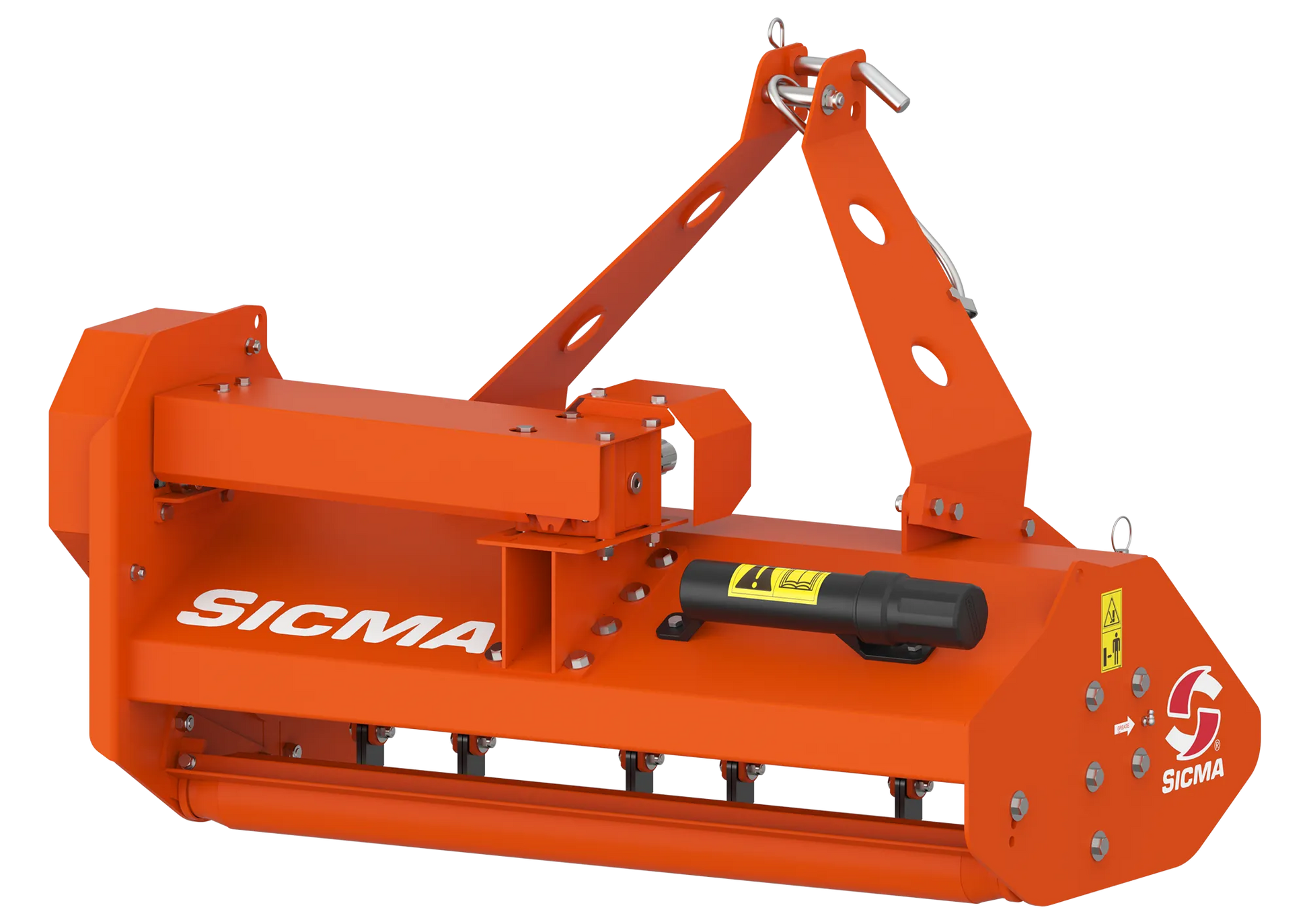 Vista posteriore laterale del trinciatutto Sicma TA, struttura compatta e protezioni di sicurezza.