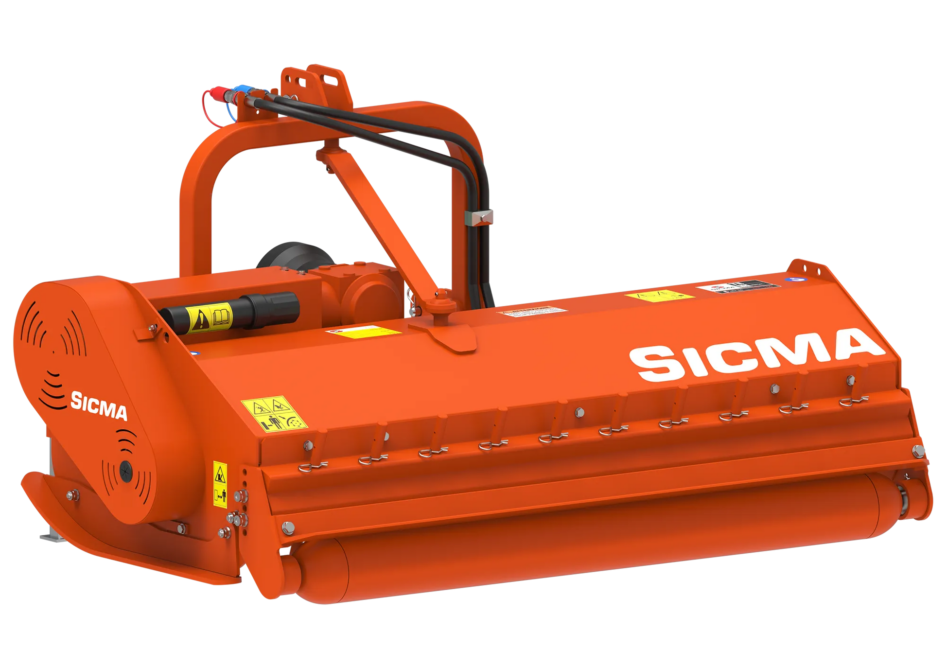 Trinciatrice agricola Sicma TE 160 vista da dietro-lato, focus su rullo posteriore, struttura e tubi idraulici.