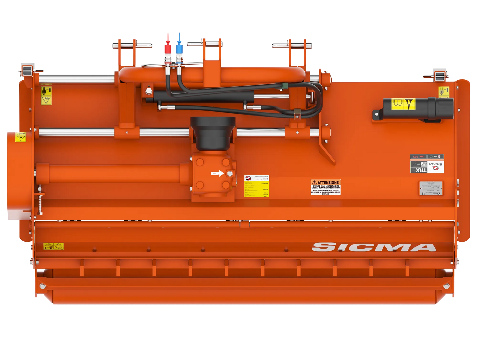 Trinciatutto SICMA spostabile – vista dall’alto che mostra larghezza di lavoro, cilindri di spostamento laterale e rullo posteriore.