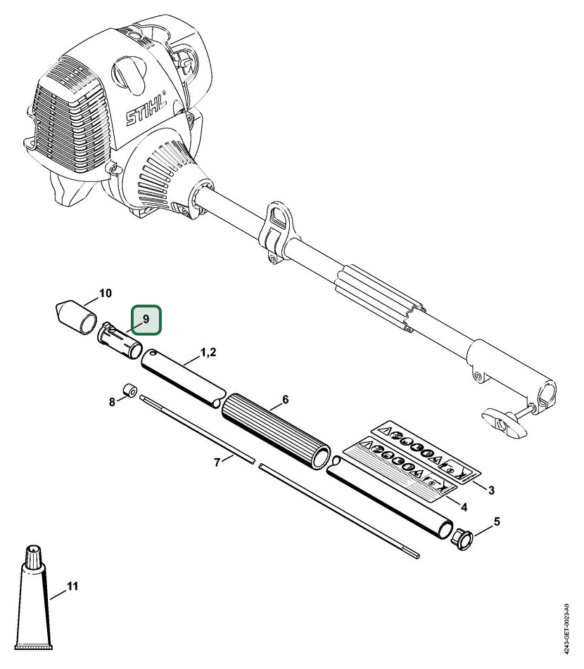 Schema tecnico STIHL FH-KM 0° 90°, FH-KM 135°, HL-KM 135°, HL-KM 0° 90°, HL-KM, FH-KM 145°, HL-KM 145°, ricambio 41407917207 evidenziato in posizione 9