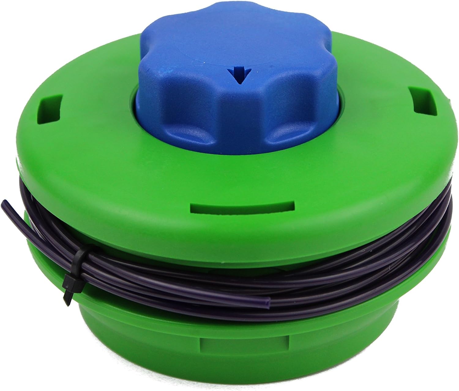 Testina di ricambio per decespugliatore, compatibile con vari modelli. Design robusto in plastica verde con manopola blu per un facile montaggio. Filo di nylon resistente incluso. Ideale per tagliare erba e sterpaglie. Accessorio per giardinaggio.