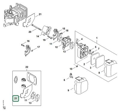 Schema tecnico STIHL HS 45, ricambio 42281290905 evidenziato in posizione 21