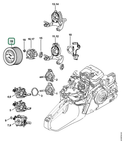 Schema tecnico STIHL MS 241 C-M VW, MS 241 C-M, MS 241 C-BEM, MS 241 C-MQ, ricambio 11411404400 evidenziato in posizione 19