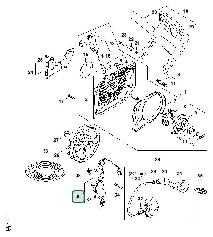 Schema tecnico STIHL MS 400 C-M, ricambio 11404403012 evidenziato in posizione 36