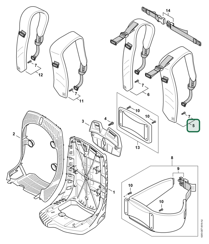 Schema tecnico STIHL BR 800 C-E, ricambio 42837109004 evidenziato in posizione 5