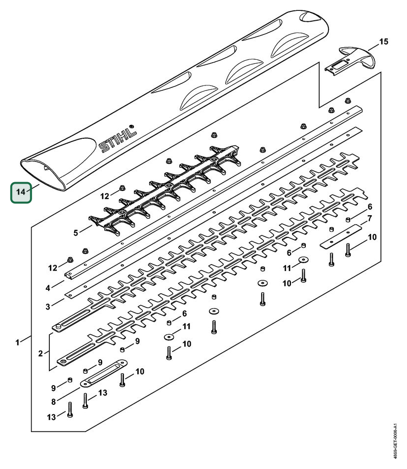 Schema tecnico STIHL HSA 130.0 T, ricambio 42377909207 evidenziato in posizione 14