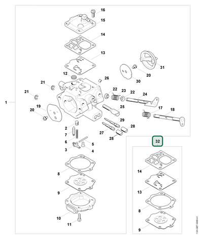 Schema tecnico STIHL MS 881, ricambio 11440071700 evidenziato in posizione 32