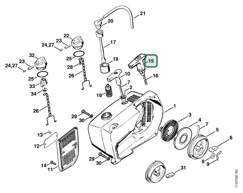 Schema tecnico STIHL 051 Q, 051, ricambio 11221903400 evidenziato in posizione 15