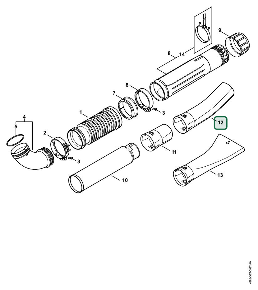 Schema tecnico STIHL BR 700, ricambio 42827086303 evidenziato in posizione 12