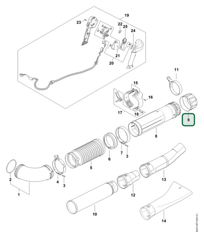 Schema tecnico STIHL BGA 300.0, BGA 300.1, ricambio 42827083101 evidenziato in posizione 9