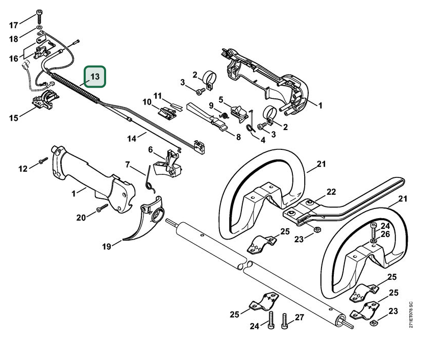 Schema tecnico STIHL FR 350, FR 450, FR 480 (4128), ricambio 41281801111 evidenziato in posizione 13