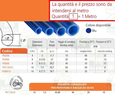 Tubo in poliuretano blu per potatura e raccolta olive, disponibile in vari diametri e pesi, con specifiche di raggio di curvatura e pressione a 20°C. Venduto al metro. Codici: PU2X4, PU4X6, PU6X8, PU7.5X10, PU8X10.